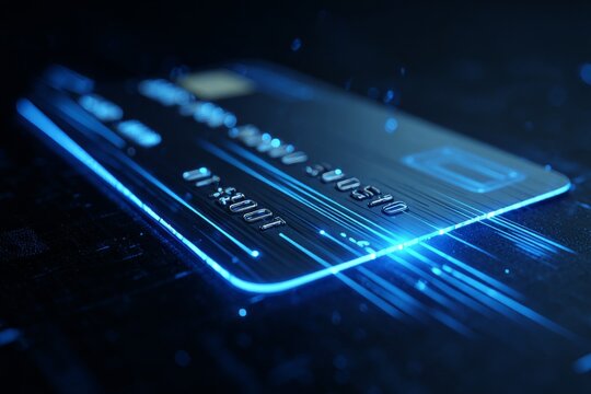 Glowing blue futuristic credit card with digital circuit lines