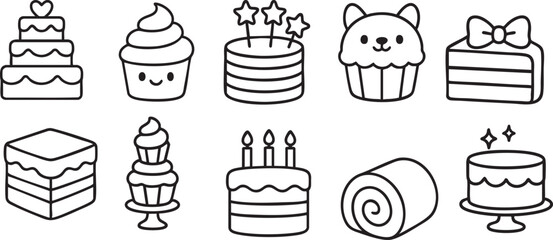 Cute Cartoon Cakes in Delightful Styles Black and White Line Art for Kids Coloring Book | Generative AI