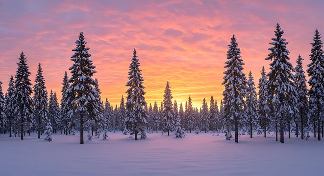 Snowy Forest at Sunset: Witness the serene beauty of a snow-covered forest during a breathtaking sunset. The crisp air, colorful sky, and tranquil atmosphere create a moment of pure wonder. 