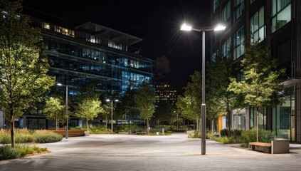 Illuminated urban plaza at night. Modern buildings and trees line a paved walkway under bright streetlights