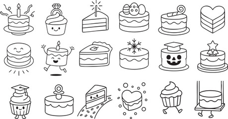 Cute Cartoon Cakes in Delightful Styles Black and White Line Art for Kids Coloring Book | Generative AI