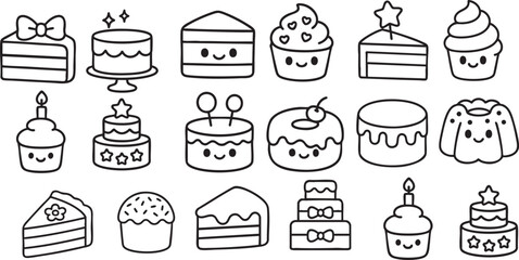 Cute Cartoon Cakes in Delightful Styles Black and White Line Art for Kids Coloring Book | Generative AI