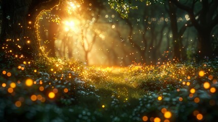 Naklejka premium Sunlit forest path through trees with bright dappled light. Magical bokeh floating on flower meadow
