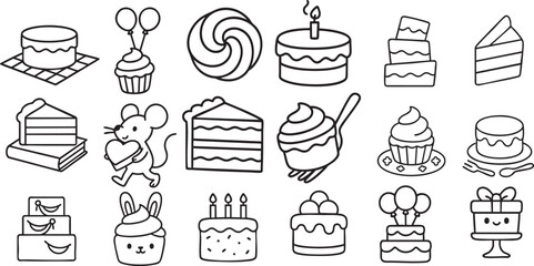 Cute Cartoon Cakes in Delightful Styles Black and White Line Art for Kids Coloring Book | Generative AI