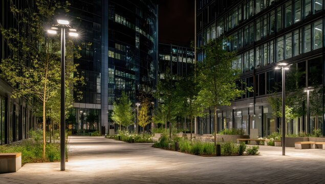 Urban plaza at night, lit by modern lampposts, surrounded by high-rise office buildings. Lush greenery and benches provide a calming space