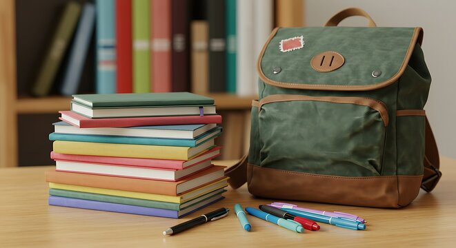 Backpack, Books, and School Supplies: A visually appealing collection of school essentials neatly arranged, capturing the essence of education and learning.