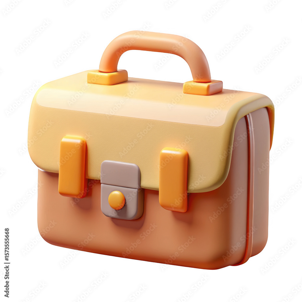 Poster stylized 3d briefcase icon with orange handle and clasps isolated on transparent background