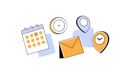 3d cartoon office set emoji icons yellow envelope clock calendar and golden coin location pin business and education concept work collection elements finance objects 3d vector illustration 78651088 1