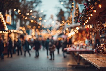 Blurred Christmas market scene, warm lights, festive atmosphere