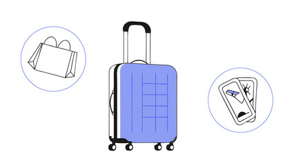 3d blue wheeled suitcase for travel cabin luggage plastic bag for flight journey concept time to tourism and vacation booking your next trip cartoon design icon set 3d vector illustration 17886125 1