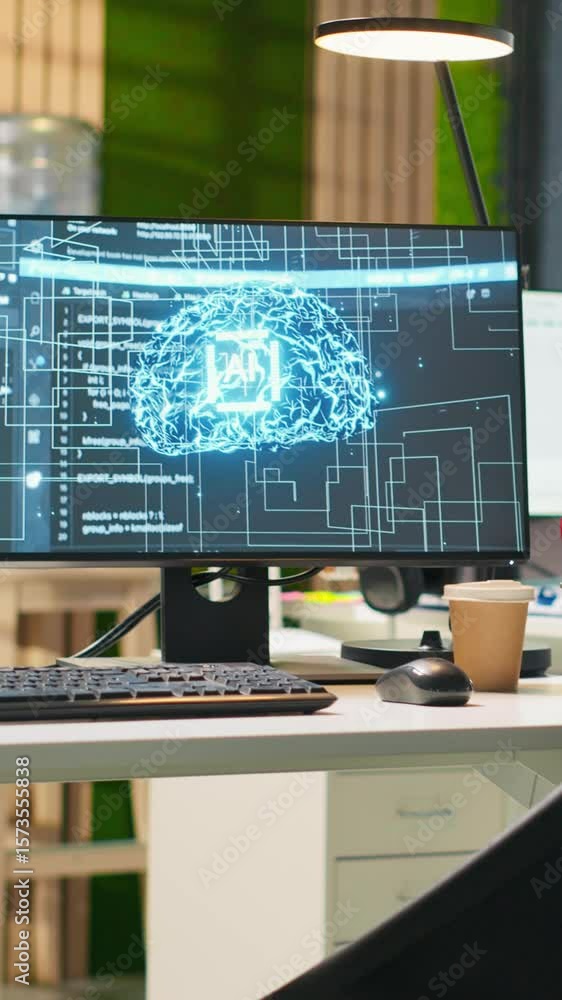 Aufkleber vertical video empty startup office with ai neural networks program running on pc monitors used by d