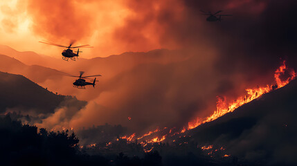 Fototapeta na wymiar Natural disasters awareness: a horizontal composition showing rescue helicopters flying over a wildfire in a mountainous area