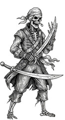 Fototapeta premium Isolated Illustration of Skeleton Pirate with Swords in Black and White