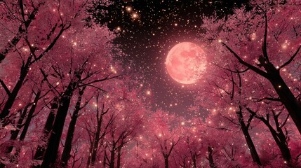 A forest of pink blossoms under a starry sky and the glow of a rose-colored moon
