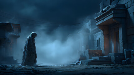 cinematic night scene with a lone mummy walking through an abandoned village