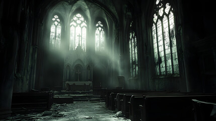dark abandoned church interior with broken pews and cracked stained glass windows