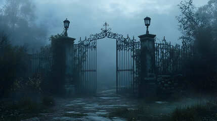 old wrought iron graveyard gate standing open at dusk