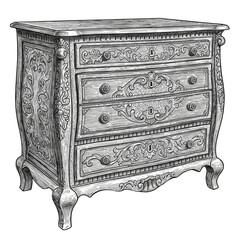 Illustration of Ornate Carved Wooden Chest with Drawers on Transparent