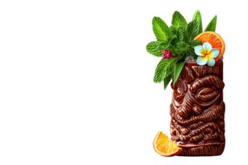 A tropical drink in a wooden cup with a flower on top