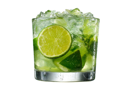 A glass of limeade with a lime wedge in it