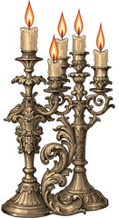 Illustration of Ornate Golden Five Candle Candelabra with Burning Flames