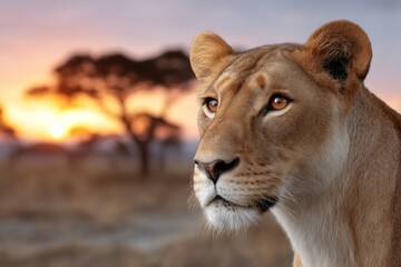 Fototapeta premium Majestic lioness at sunset in african savannah