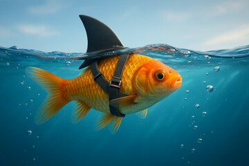 Goldfish with shark fin harness in clear blue water