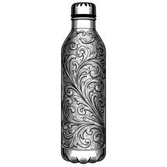 Illustration of Ornate Water Bottle Outline Black Floral Pattern Design