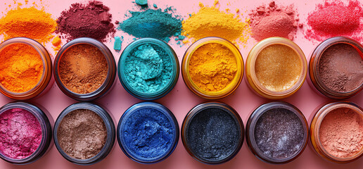 Vibrant powdered pigments.  Colorful jars of crushed mineral dyes on pink background. Perfect for creative projects, art supplies, and color palette concepts.
