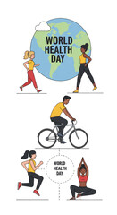 Illustration of People Exercising on World Health Day with Earth Graphic