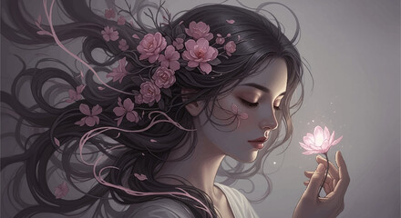Fototapeta premium Serene Blossom: A dreamy portrait of a woman with long dark hair adorned with delicate pink blossoms, gently holding a glowing flower. Her serene expression evokes tranquility and peace.