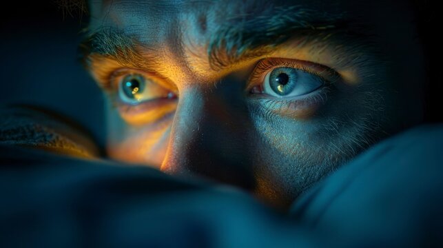Man with worried eyes peers from dark sheets