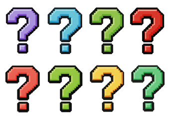 Illustration of Pixelated Question Mark Symbols in Purple, Red, and Green