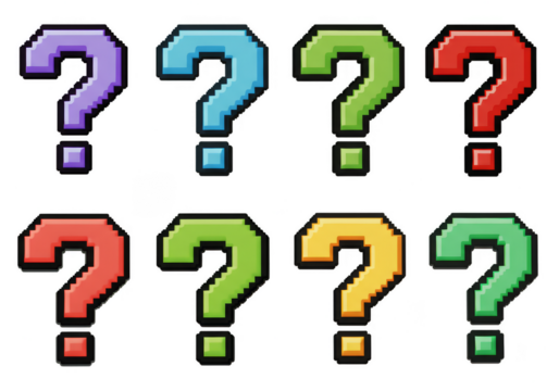 Illustration of Pixelated Question Mark Symbols in Purple, Red, and Green