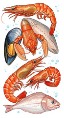 Seafood Illustration with Shrimps Fish Lobster and Mussel on Transparent