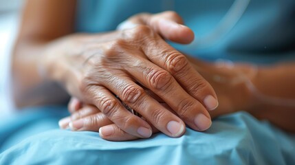 Fototapeta premium Elderly hands clasped, patient in a hospital bed with an IV line visible