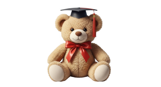 Adorable Teddy Bear Graduation PNG with Red Bow Tie and Cap
