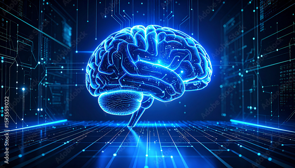 Poster digital brain: a luminous, digital representation of a human brain pulses with energy against a futu