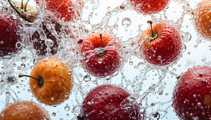 Crystal fruit glistening with fresh water, floating elegantly.