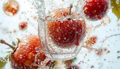 Glass fruit with water droplets, suspended in mid-air against a white background.