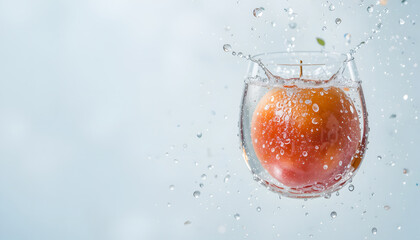 An apple in a glass, adorned with shimmering water drops.