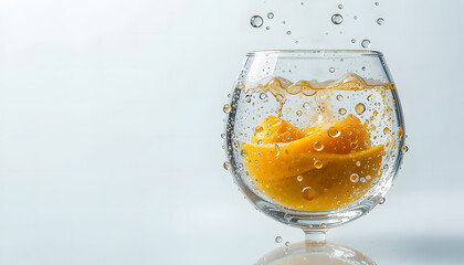 Citrus-like fruit in a glass, glistening with fresh water.