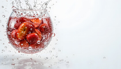 Apples in a glass bowl with water droplets, suspended in mid-air.
