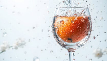 Apple in a wine glass, suspended in mid-air with dynamic water droplets.