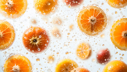 An assortment of vibrant orange fruit and slices with water droplets, suspended in mid-air against a white background.