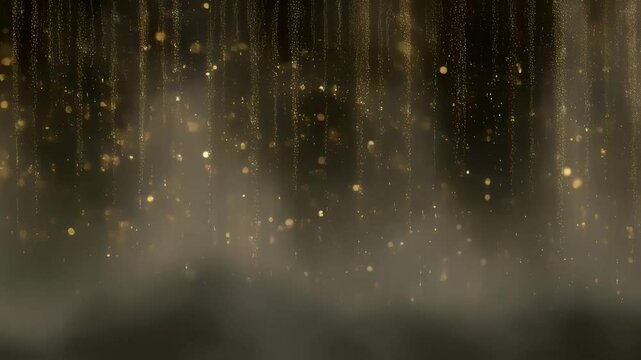 Ethereal golden specks descend slowly in an elegant dance capturing light with each movement against a shadowy canvas perfect for adding a touch of glamour to wedding videos or festive