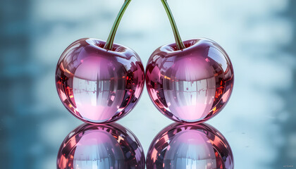 Brilliant crystal cherries, alive with light and sharp reflections, presented as timeless decorative objects with remarkable detail.