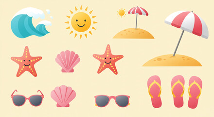 Summer beach vacation vector illustration with sun wave starfish and beach umbrella design element on transparent background