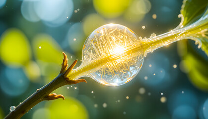 A radiant, transparent fruit pod glowing with internal light, attached to a natural green stem amidst a vibrant bokeh background.