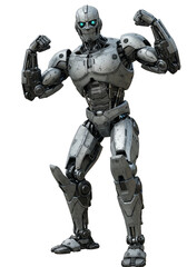Illustration of Powerful Robot Cyborg with Silver Metallic Body on Transparent